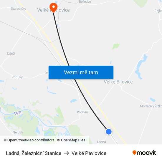 Ladná, Železniční Stanice to Velké Pavlovice map