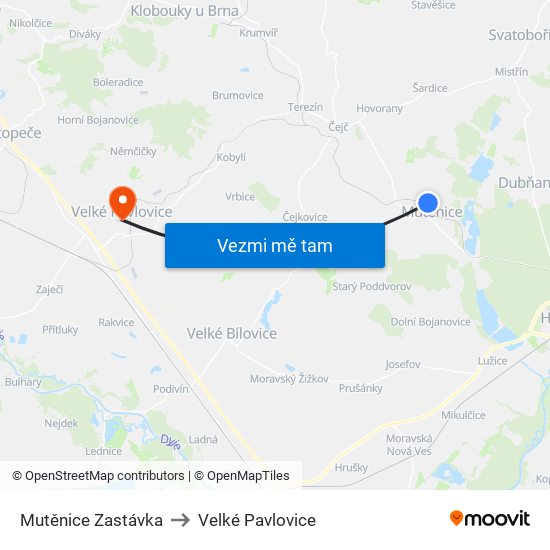 Mutěnice Zastávka to Velké Pavlovice map