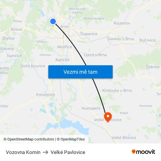 Vozovna Komín to Velké Pavlovice map