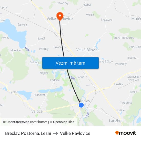 Břeclav, Poštorná, Lesní to Velké Pavlovice map