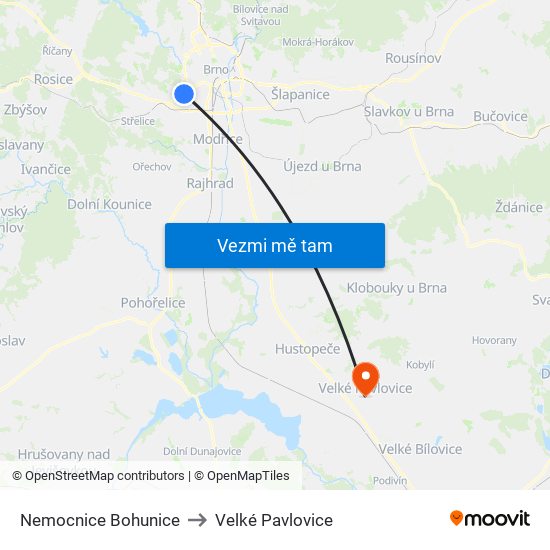 Nemocnice Bohunice to Velké Pavlovice map