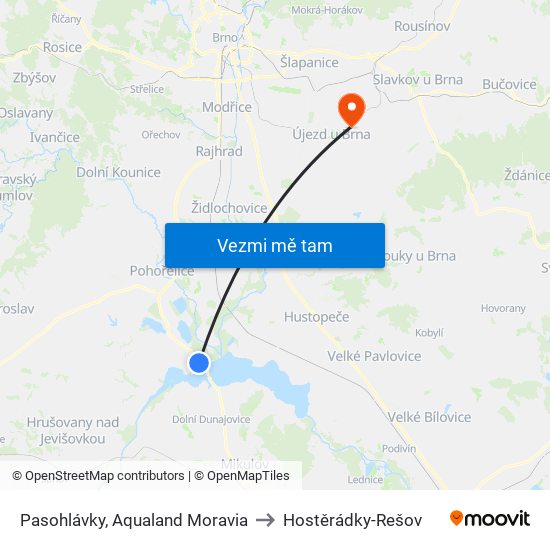 Pasohlávky, Aqualand Moravia to Hostěrádky-Rešov map