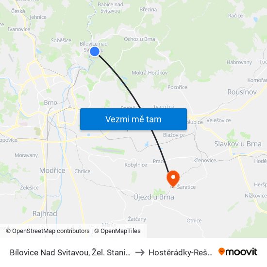 Bílovice Nad Svitavou, Žel. Stanice to Hostěrádky-Rešov map