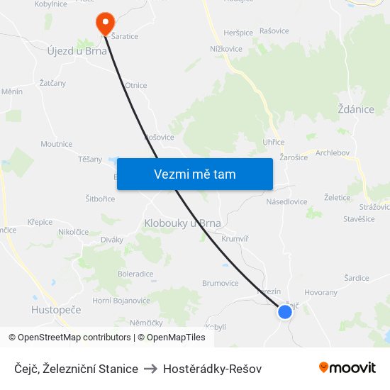 Čejč, Železniční Stanice to Hostěrádky-Rešov map