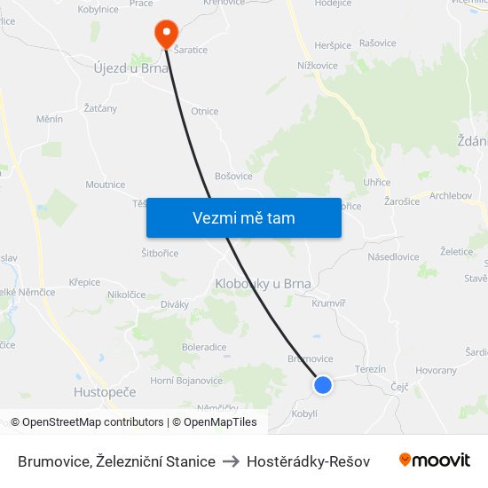 Brumovice, Železniční Stanice to Hostěrádky-Rešov map