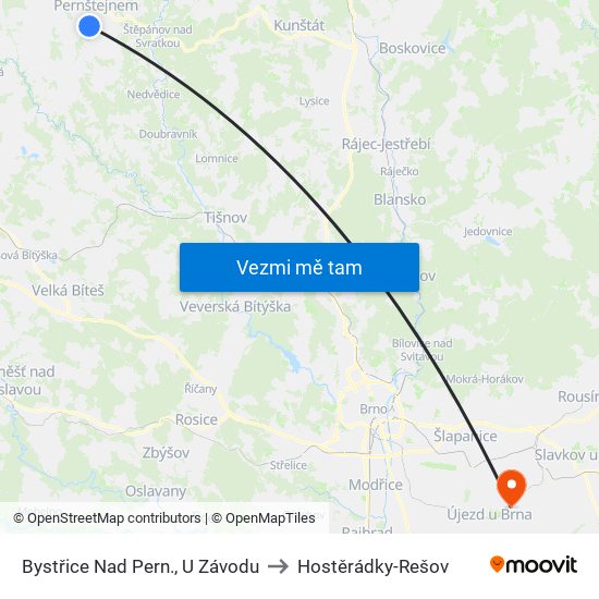 Bystřice Nad Pern., U Závodu to Hostěrádky-Rešov map