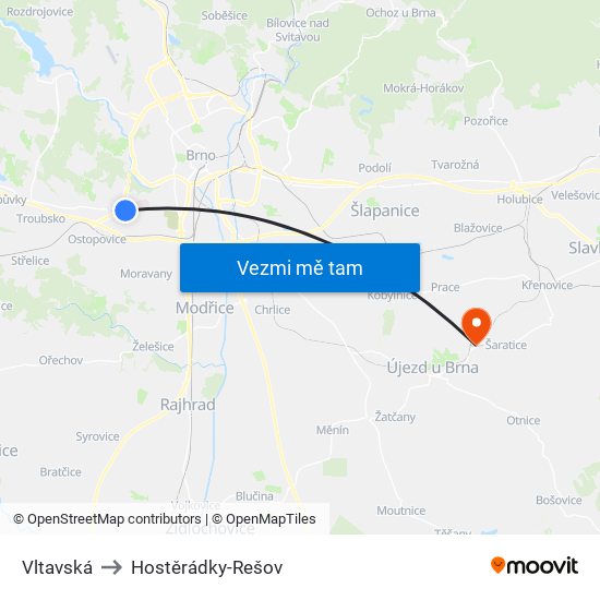 Vltavská to Hostěrádky-Rešov map