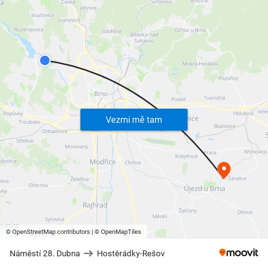 Náměstí 28. Dubna to Hostěrádky-Rešov map