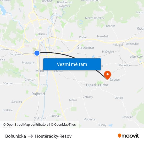 Bohunická to Hostěrádky-Rešov map