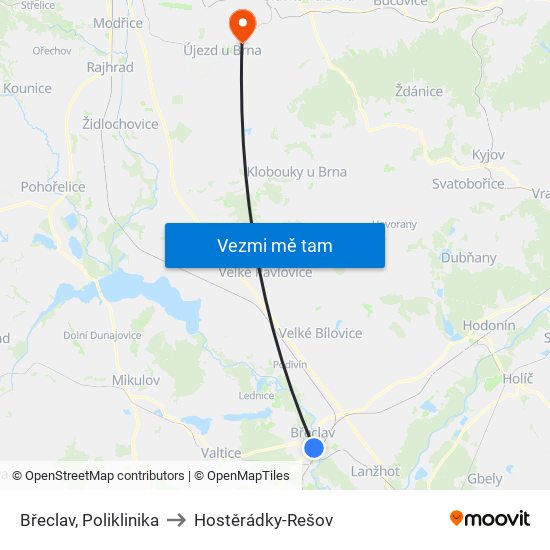 Břeclav, Poliklinika to Hostěrádky-Rešov map