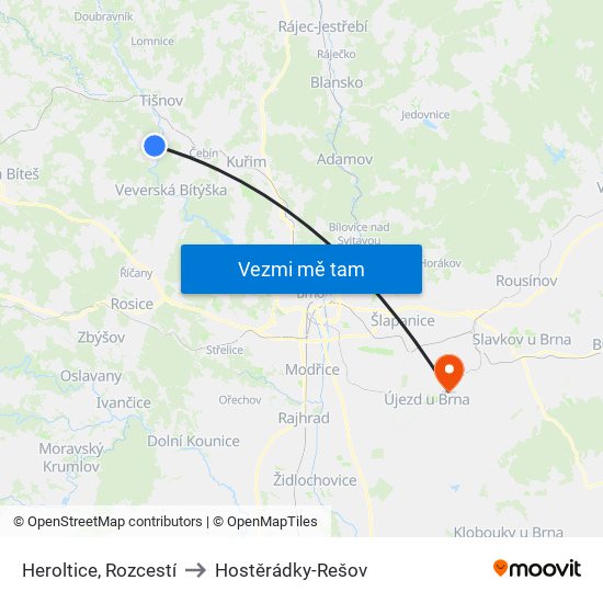 Heroltice, Rozcestí to Hostěrádky-Rešov map