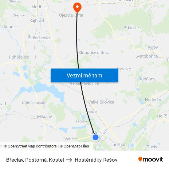 Břeclav, Poštorná, Kostel to Hostěrádky-Rešov map