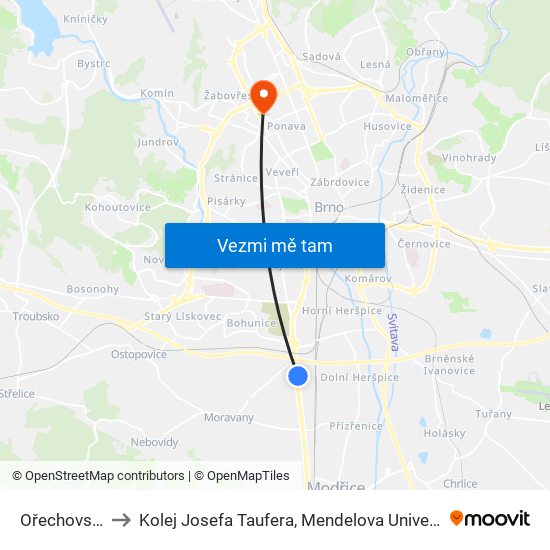 Ořechovská to Kolej Josefa Taufera, Mendelova Univerzita map