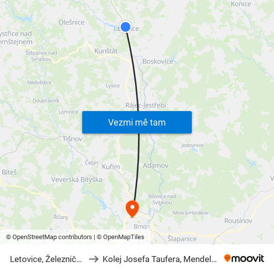Letovice, Železniční Stanice to Kolej Josefa Taufera, Mendelova Univerzita map