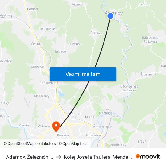 Adamov, Železniční Zastávka to Kolej Josefa Taufera, Mendelova Univerzita map