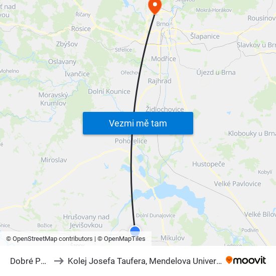 Dobré Pole to Kolej Josefa Taufera, Mendelova Univerzita map