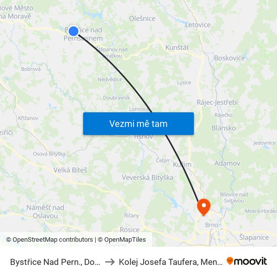 Bystřice Nad Pern., Domanín, Jednota to Kolej Josefa Taufera, Mendelova Univerzita map