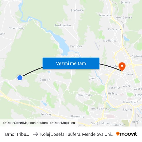 Brno, Tribuna B to Kolej Josefa Taufera, Mendelova Univerzita map