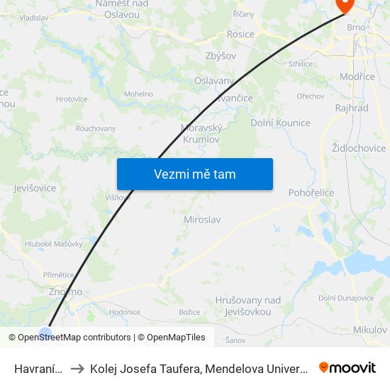 Havraníky to Kolej Josefa Taufera, Mendelova Univerzita map