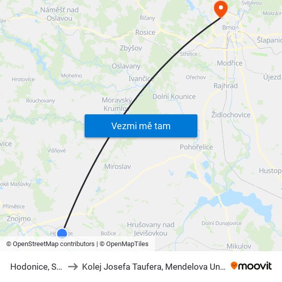 Hodonice, Střed to Kolej Josefa Taufera, Mendelova Univerzita map