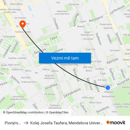 Pionýrská to Kolej Josefa Taufera, Mendelova Univerzita map