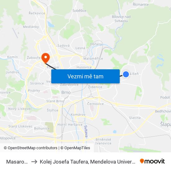 Masarova to Kolej Josefa Taufera, Mendelova Univerzita map