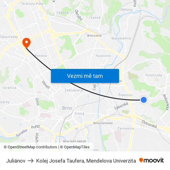 Juliánov to Kolej Josefa Taufera, Mendelova Univerzita map