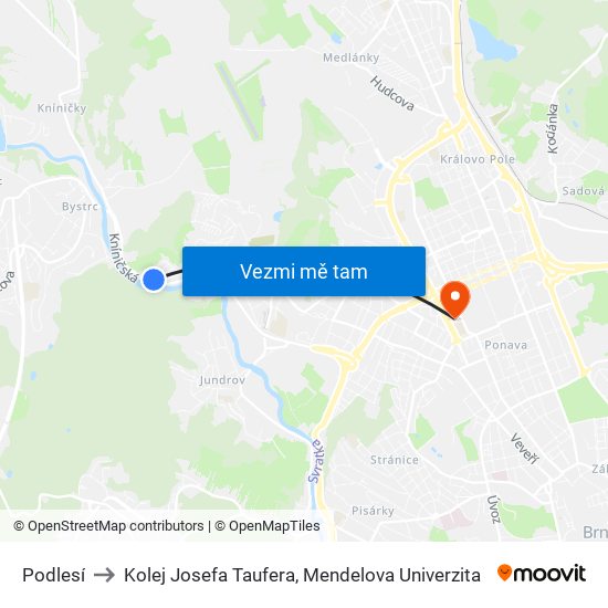 Podlesí to Kolej Josefa Taufera, Mendelova Univerzita map