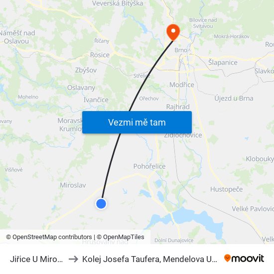 Jiřice U Miroslavi to Kolej Josefa Taufera, Mendelova Univerzita map