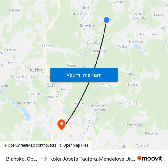 Blansko, Obůrka to Kolej Josefa Taufera, Mendelova Univerzita map