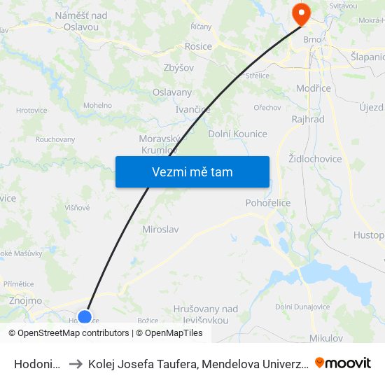 Hodonice to Kolej Josefa Taufera, Mendelova Univerzita map