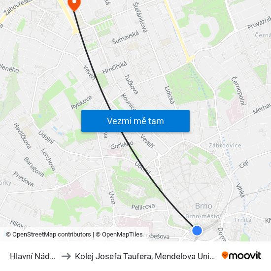 Hlavní Nádraží to Kolej Josefa Taufera, Mendelova Univerzita map