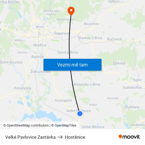 Velké Pavlovice Zastávka to Hostěnice map