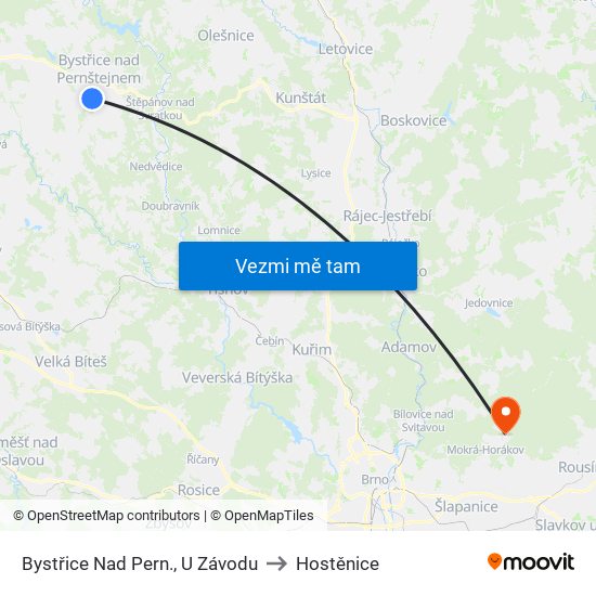 Bystřice Nad Pern., U Závodu to Hostěnice map