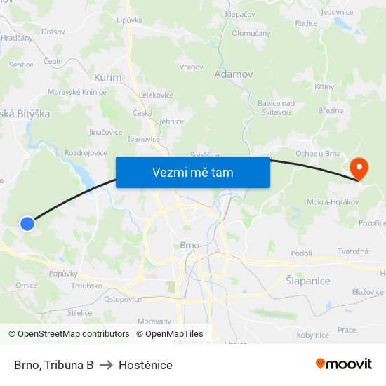 Brno, Tribuna B to Hostěnice map