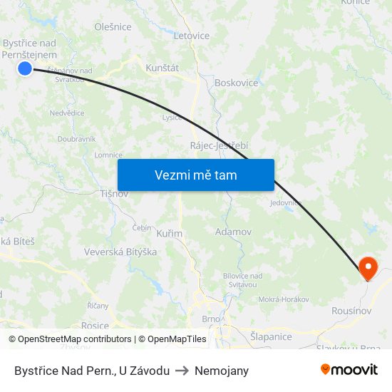 Bystřice Nad Pern., U Závodu to Nemojany map