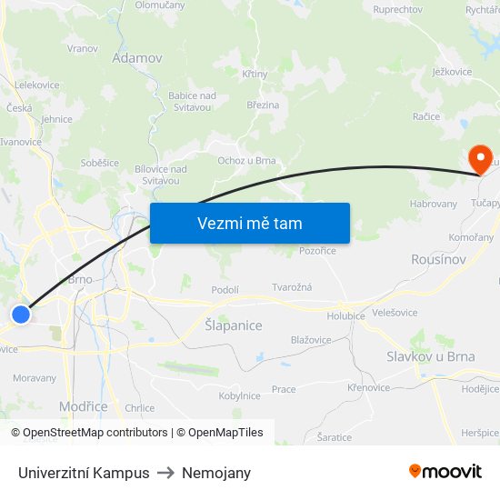 Univerzitní Kampus to Nemojany map