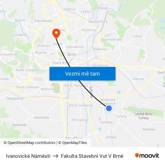 Ivanovické Náměstí to Fakulta Stavební Vut V Brně map