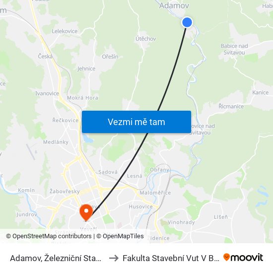 Adamov, Železniční Stanice to Fakulta Stavební Vut V Brně map