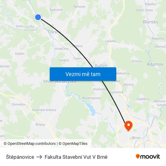 Štěpánovice to Fakulta Stavební Vut V Brně map