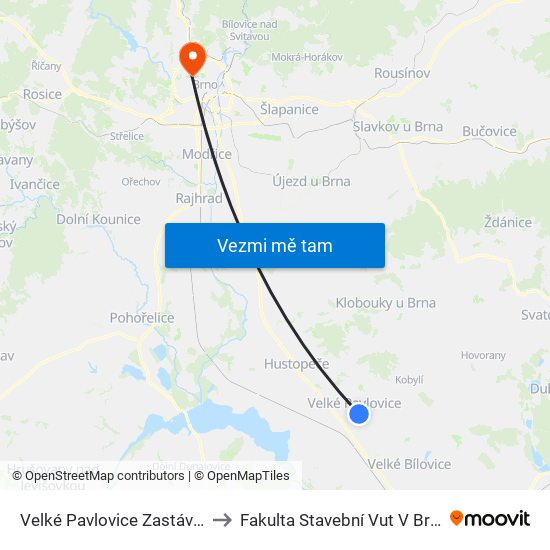 Velké Pavlovice Zastávka to Fakulta Stavební Vut V Brně map