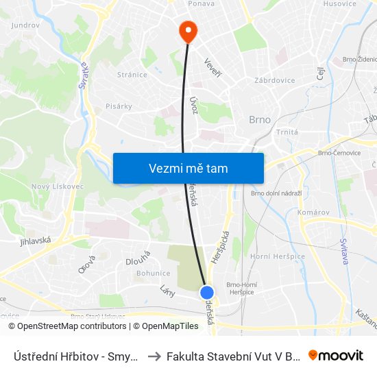 Ústřední Hřbitov - Smyčka to Fakulta Stavební Vut V Brně map