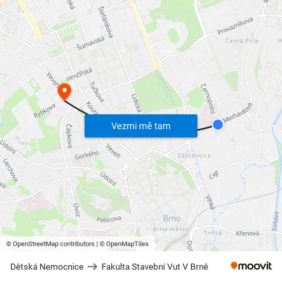 Dětská Nemocnice to Fakulta Stavební Vut V Brně map