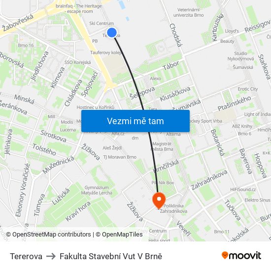 Tererova to Fakulta Stavební Vut V Brně map