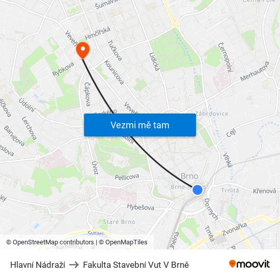 Hlavní Nádraží to Fakulta Stavební Vut V Brně map