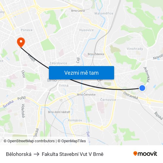 Bělohorská to Fakulta Stavební Vut V Brně map