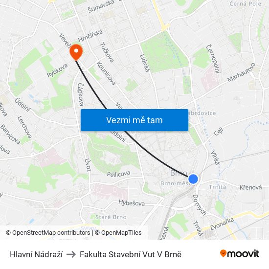 Hlavní Nádraží to Fakulta Stavební Vut V Brně map