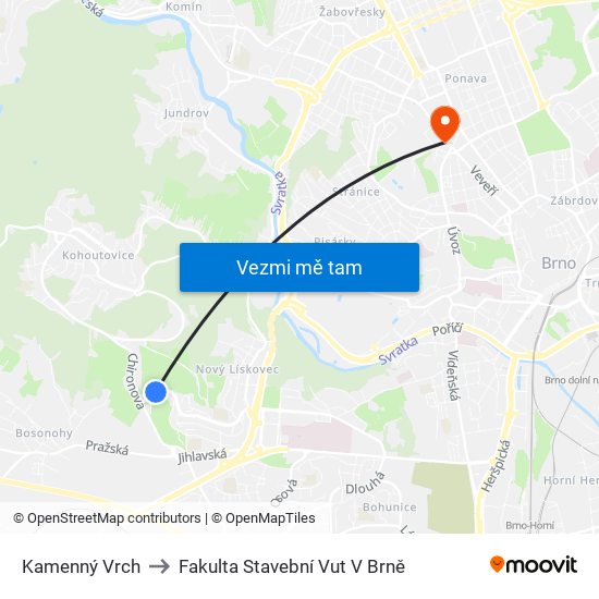 Kamenný Vrch to Fakulta Stavební Vut V Brně map