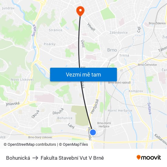 Bohunická to Fakulta Stavební Vut V Brně map