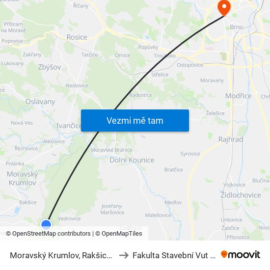 Moravský Krumlov, Rakšice, Žel.St. to Fakulta Stavební Vut V Brně map